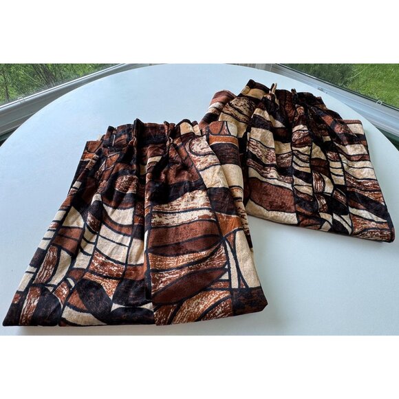 Vintage 70s pleated curtains, brown, rust, tan abstract pattern, velvet, pair - Picture 9 of 10